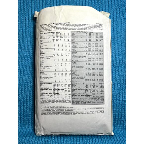 Butterick 6300 pattern blouse A line skirt pant vest size 14 - Picture 3 of 7